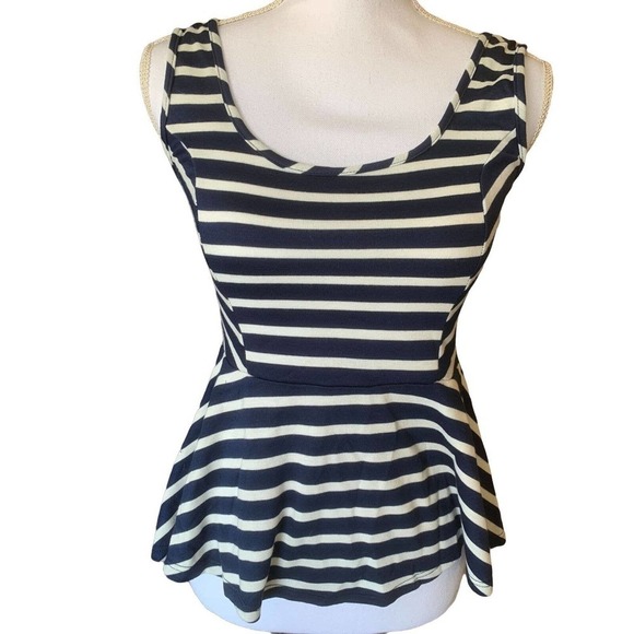 Green Envelope Casual Couture Peplum Top Blouse Nautical Blue White Striped Sz M - Picture 1 of 10